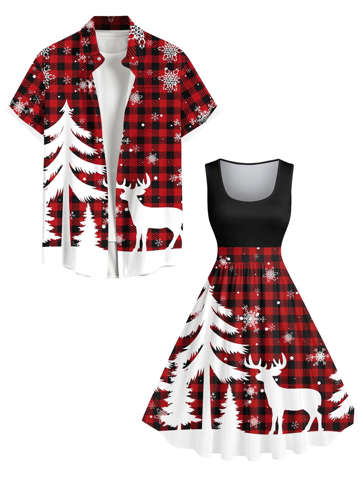 Matchable Couple Christmas Tree Elk Snowflake Plaid Print Shirt or Plus Size Knee Length Fit and Flare Retro Xmas Dress - Image 3