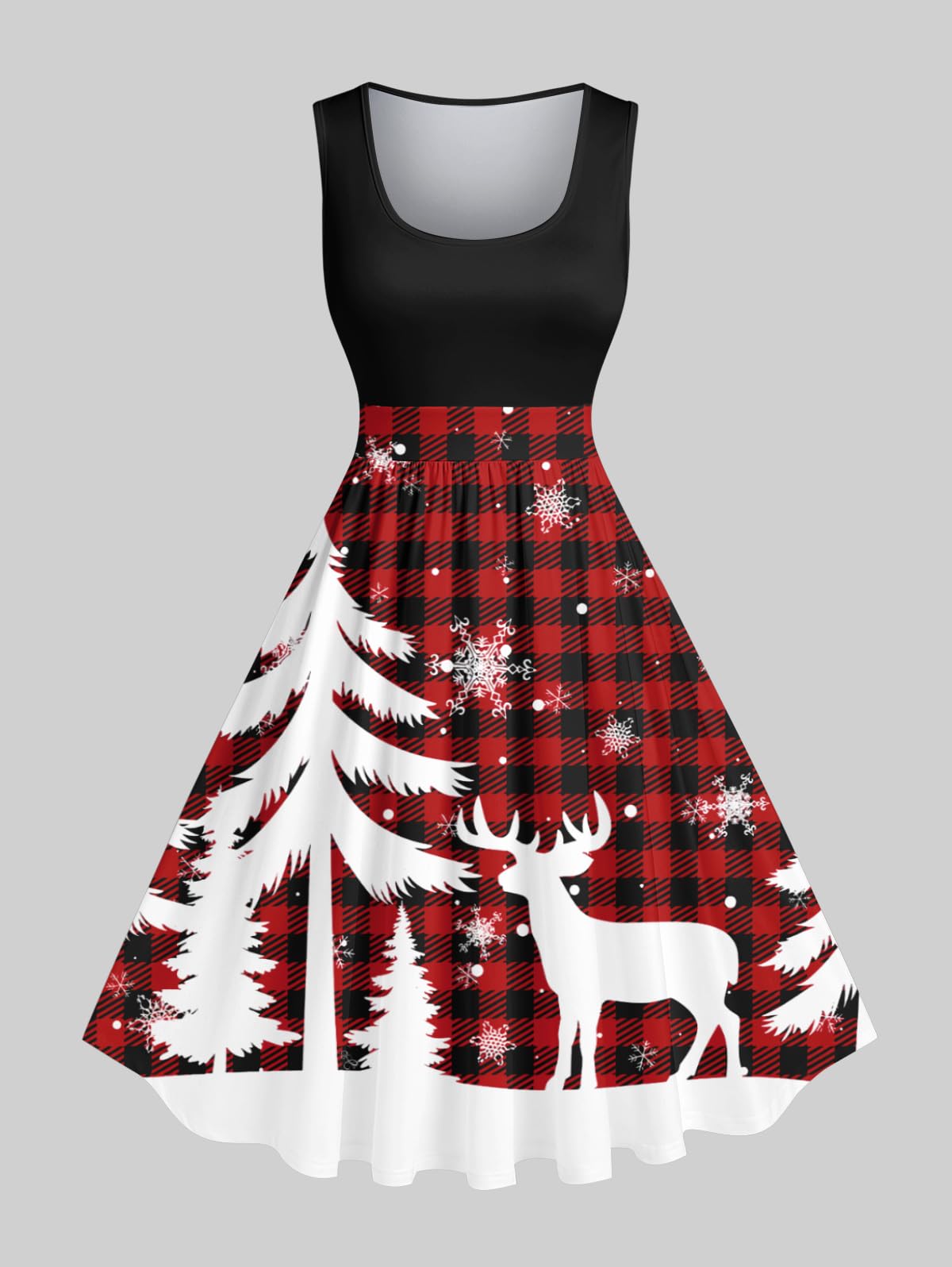 Matchable Couple Christmas Tree Elk Snowflake Plaid Print Shirt or Plus Size Knee Length Fit and Flare Retro Xmas Dress - Image 5