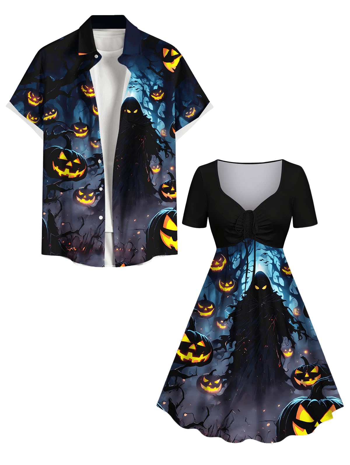 Matchable Couple Halloween Costume Ghost Pumpkin Print Shirt or Plus Size Knee Length Cinched Ruched Tee Dress - Image 3