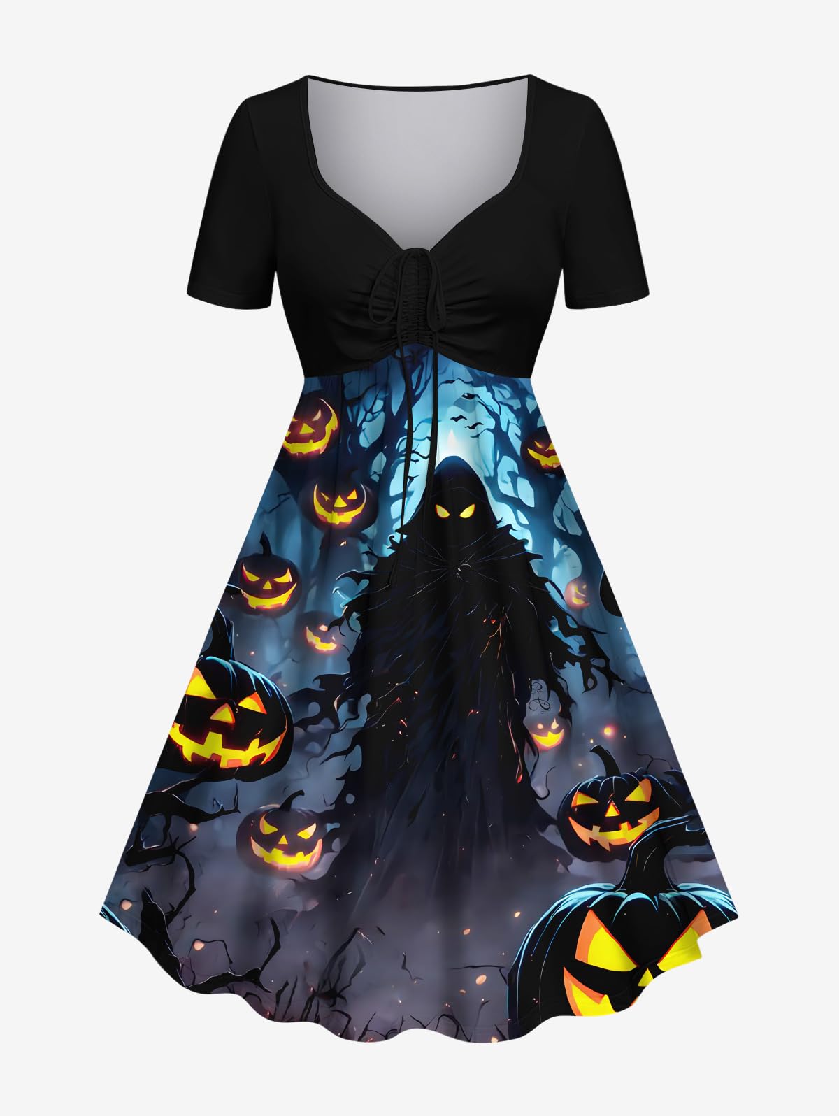 Matchable Couple Halloween Costume Ghost Pumpkin Print Shirt or Plus Size Knee Length Cinched Ruched Tee Dress - Image 5