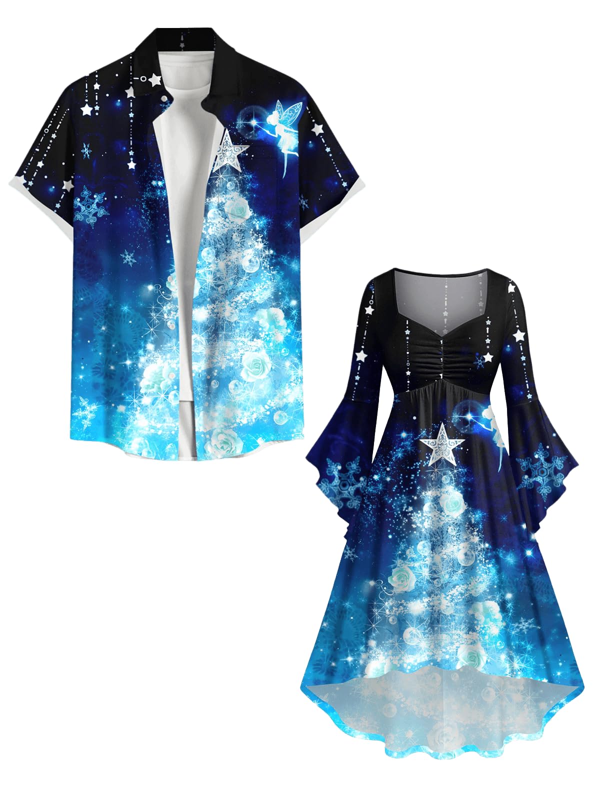 Matchable Couple Sparkly Christmas Tree Print Shirt or Plus Size Ruched Bell Sleeves High Low Hem Midi Xmas Dress - Image 3