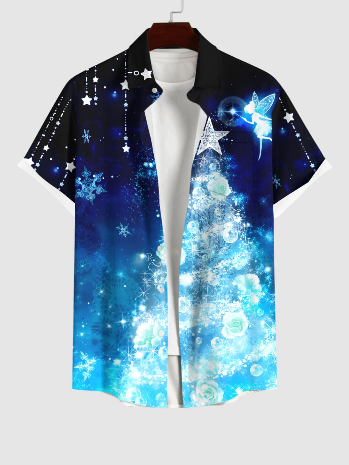 Matchable Couple Sparkly Christmas Tree Print Shirt or Plus Size Ruched Bell Sleeves High Low Hem Midi Xmas Dress - Image 5