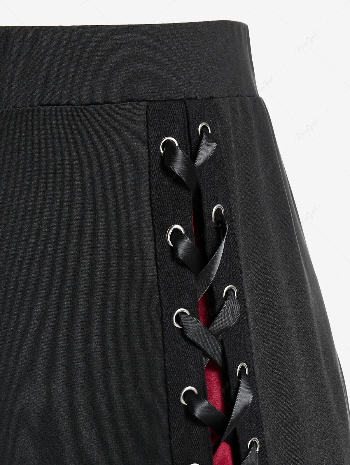 ROSE GAL Plus Size Gothic Lace Up Two Tone Godet Hem Midi A Line High Waisted Skirt - Image 4