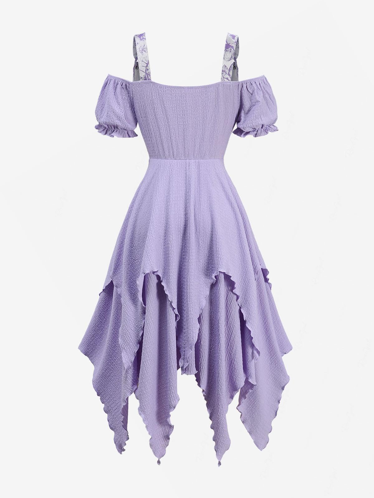 ROSE GAL Plus Size Womems Renaissance Fairy Dress Victorian Cold Shoulder Floral Lace-up Handkerchie Dress - Image 3