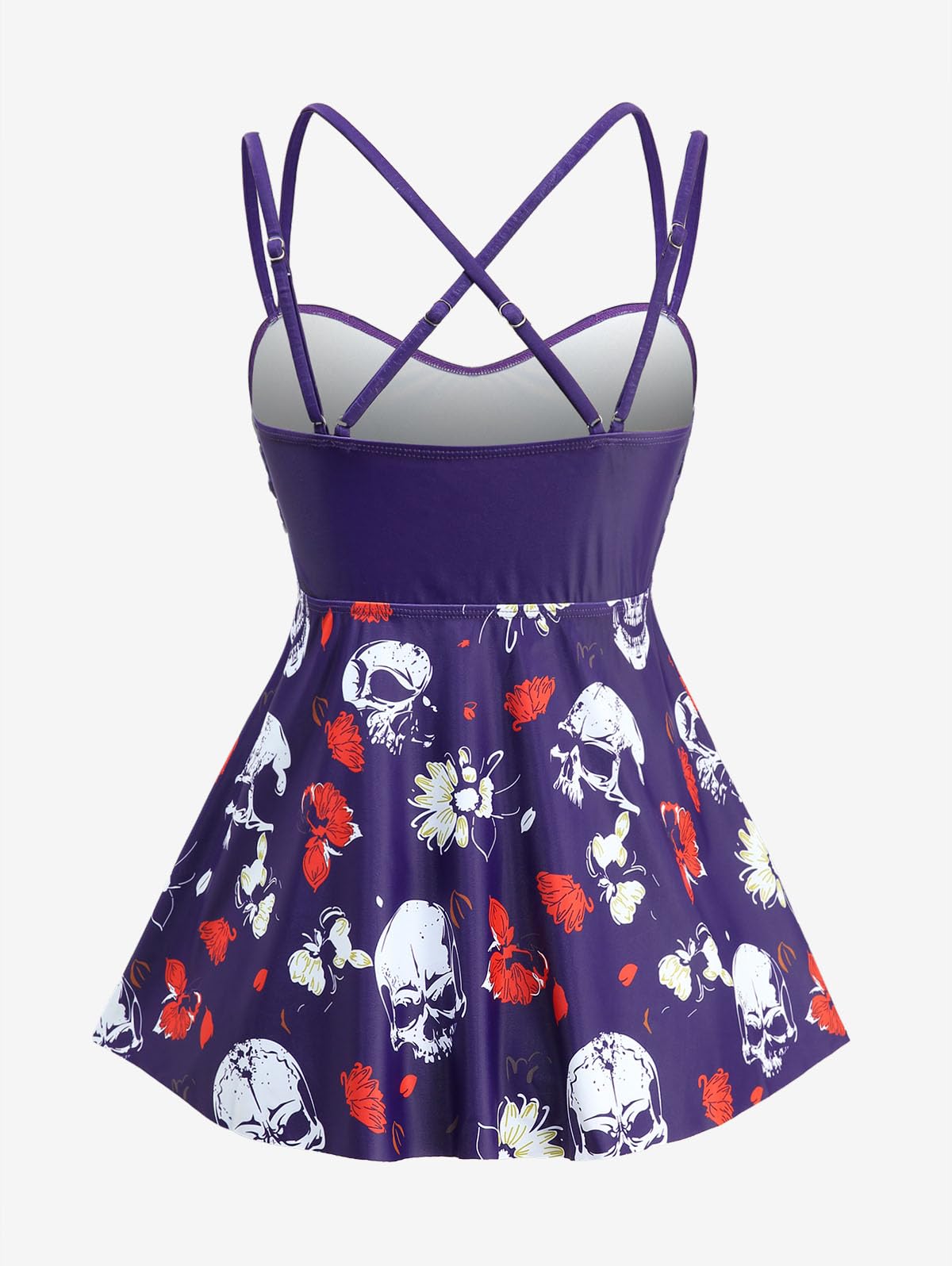 ROSE GAL Plus Size Women Goth Two Piece Bathing Suit Skull Floral Print Crisscross Back Flowy Tankini Swimsuit - Image 3