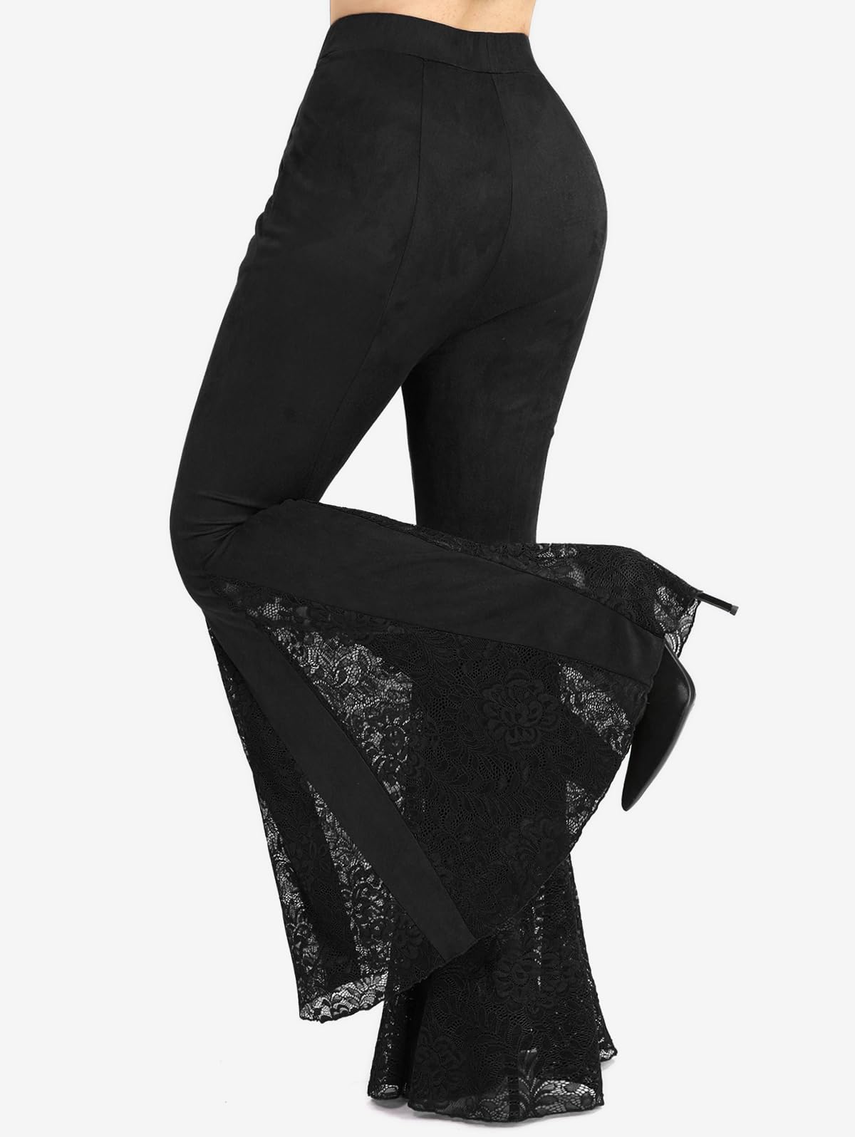 ROSE GAL Plus Size Women High Waisted Flare Pants Lace Patchwork Faux Suede Bell Bottom Pants with Pockets Long Trousers - Image 3