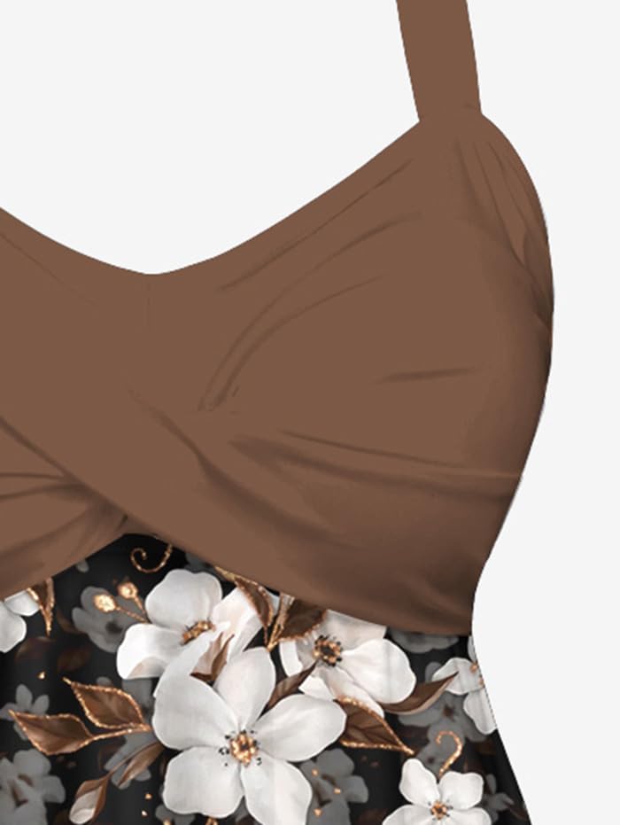 ROSE GAL Plus Size Women Modest Two Piece Bathing Suit Floral Print Twist Front Drawstring Side Halter Tankini Swimsuit - Image 6