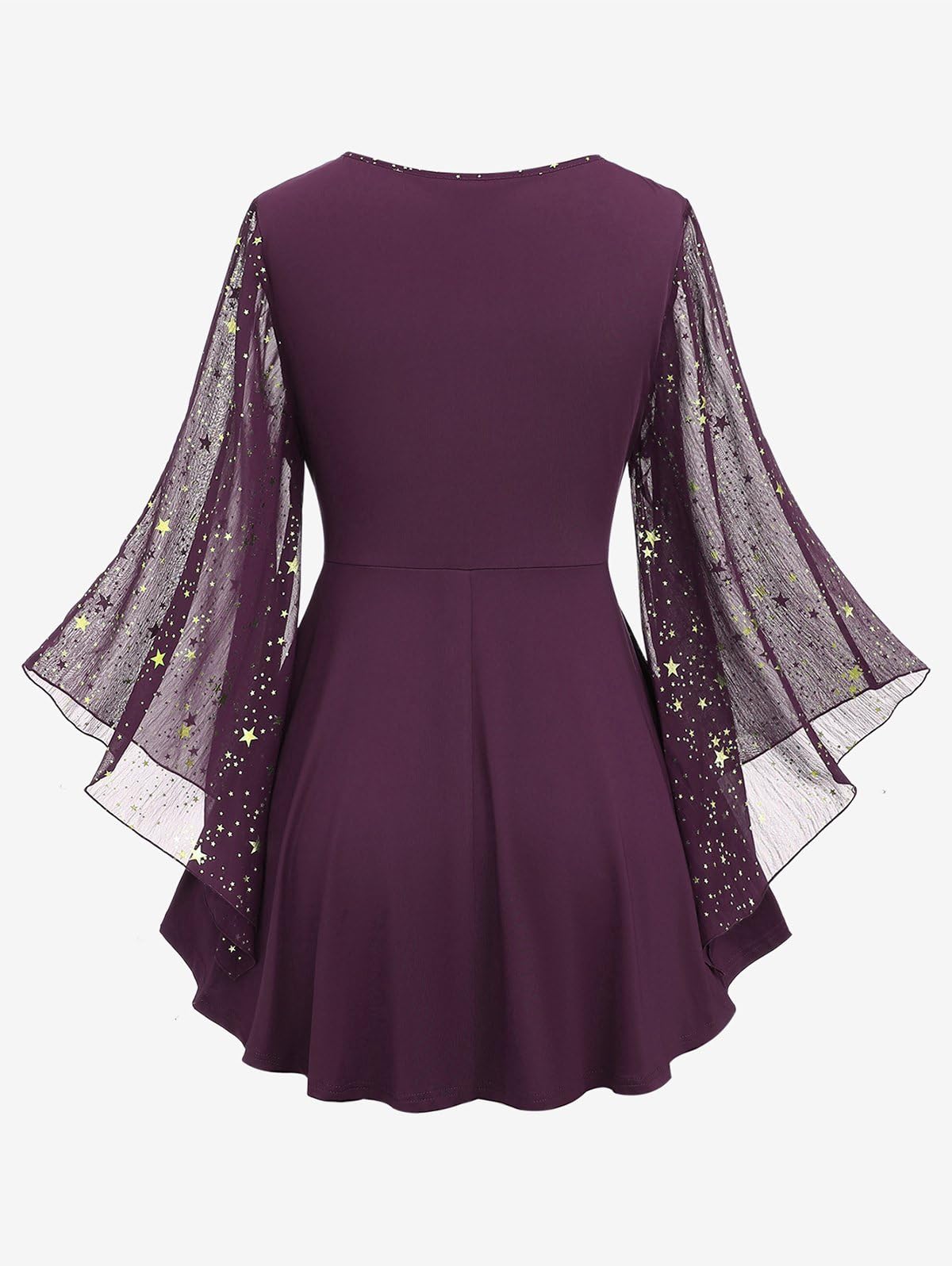ROSE GAL Plus Size Womens Elegant Sparkly Gold Stamping Stars Print Long Flare Sleeve 2 in 1 Flowy Top - Image 3