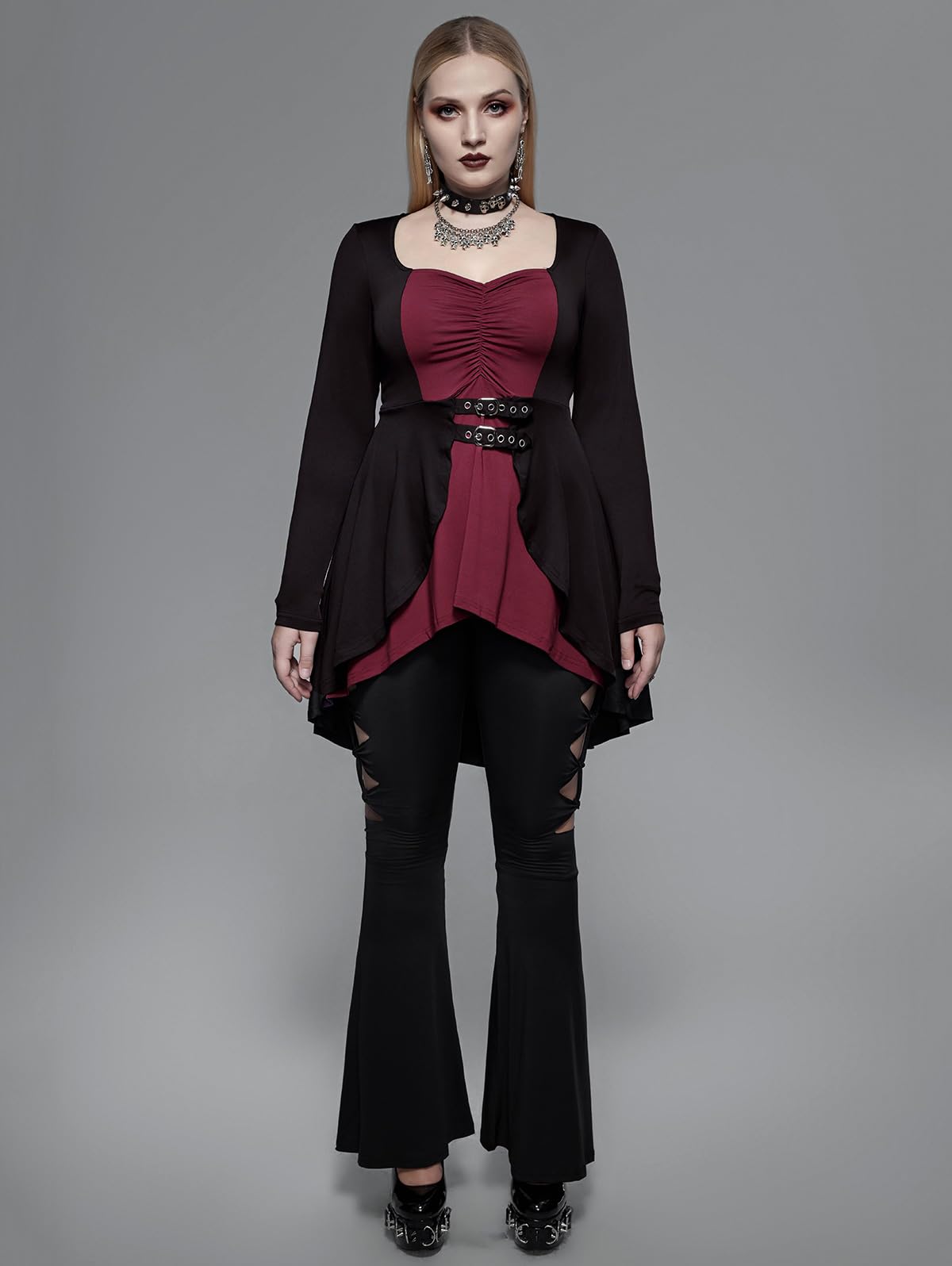 ROSE GAL Rosegal Womens Plus Size Gothic Lace-up Back Two Tone Ruched Grommets Buckle Long Sleeve High Low Hem Tunic T-Shirt - Image 3