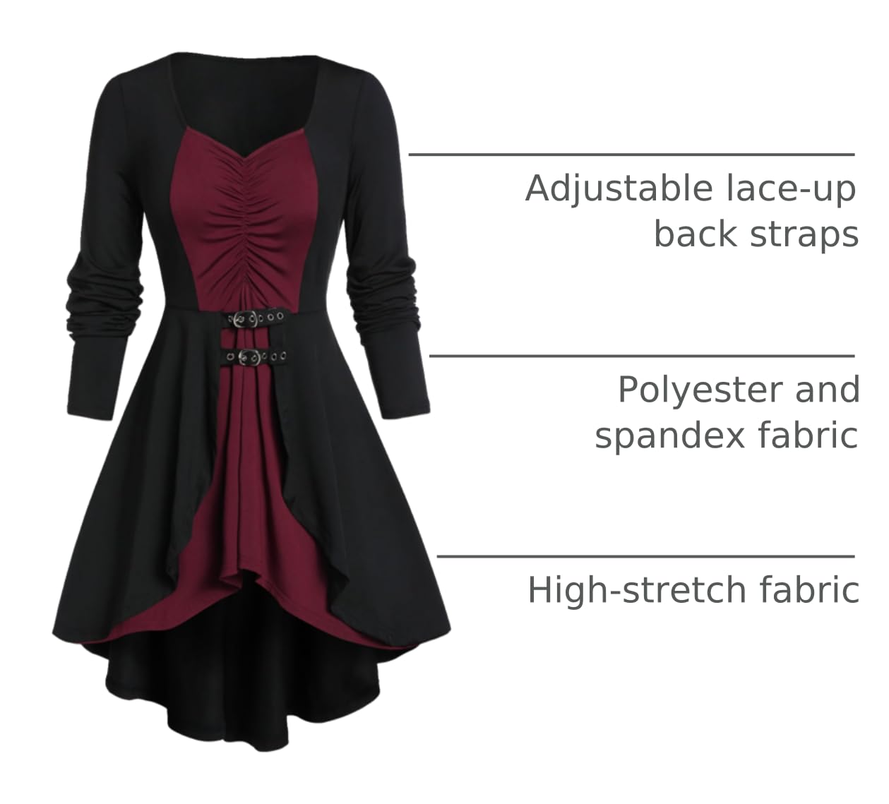 ROSE GAL Rosegal Womens Plus Size Gothic Lace-up Back Two Tone Ruched Grommets Buckle Long Sleeve High Low Hem Tunic T-Shirt - Image 4