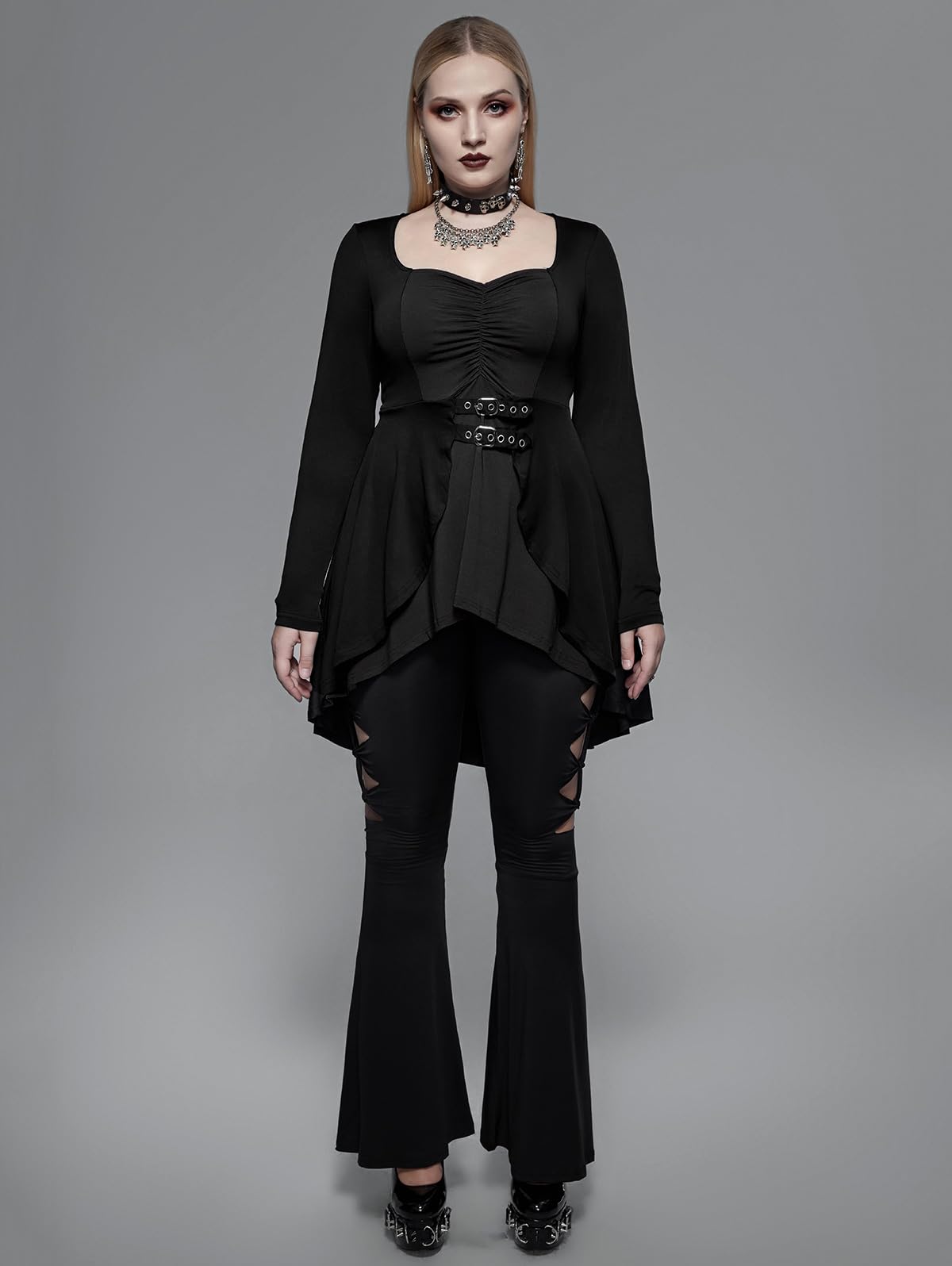 ROSE GAL Rosegal Womens Plus Size Gothic Lace-up Back Two Tone Ruched Grommets Buckle Long Sleeve High Low Hem Tunic T-Shirt - Image 3