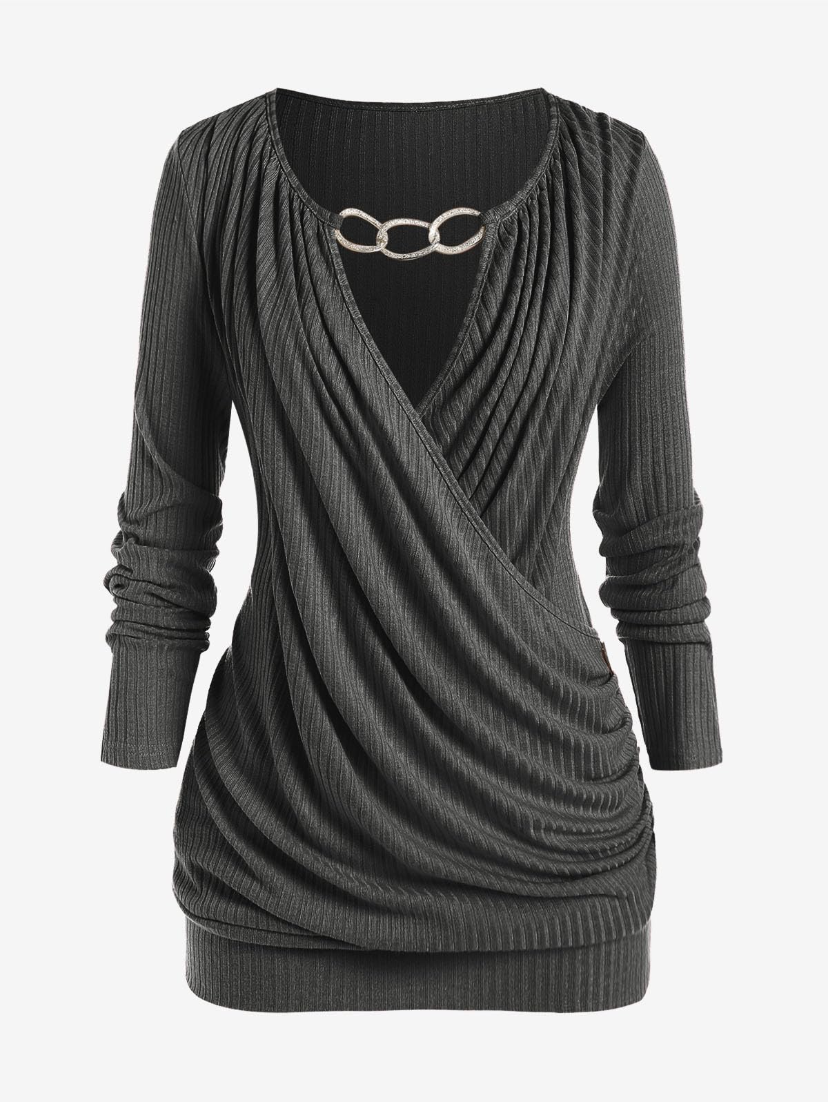 ROSE GAL Rosegal Womens Plus Size Wide Ribbed Keyhole Cutout Draped Ruched Surplice Wrap Long Sleeve Blouson Top - Image 3