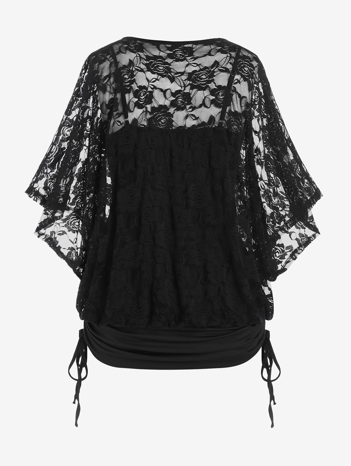 ROSE GAL Women Plus Size Cinched Ruched Batwing Sleeves Lace 2 in 1 Tee Blouson Top - Image 3