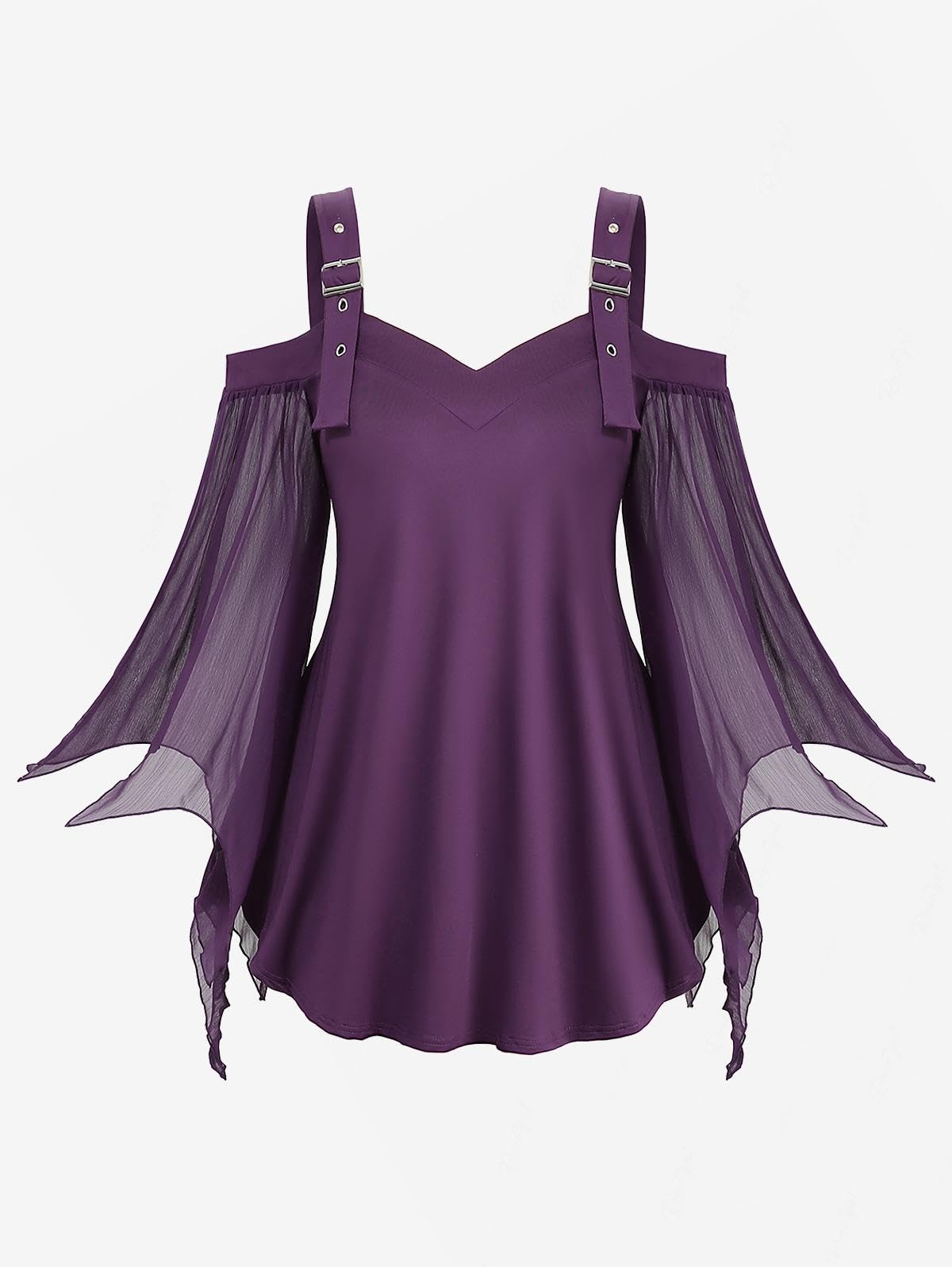 ROSE GAL Women Plus Size Gothic Top Buckle Straps Cold Shoulder Mesh Bell Sleeve Witch Halloween Costume Gothic Tee - Image 3