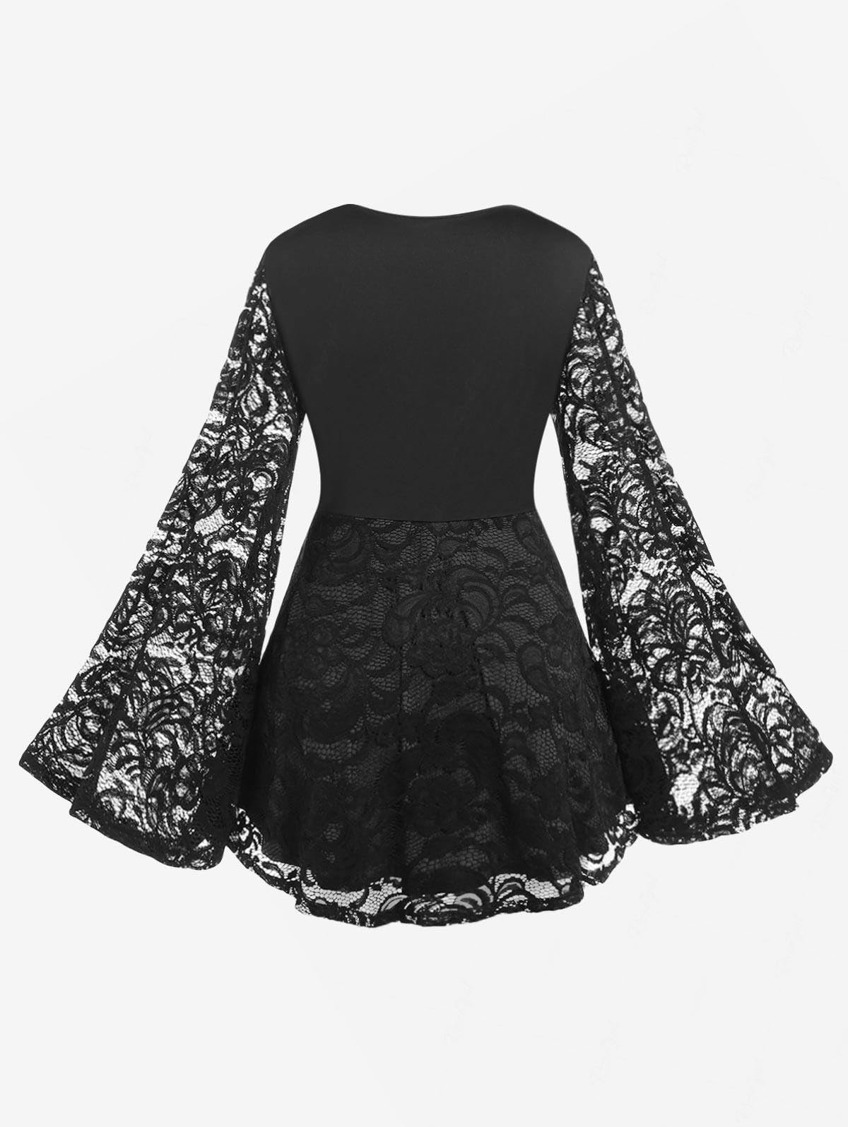 ROSE GAL Women Plus Size Lace-up Gothic Witch Halloween Costume Bell Sleeves T-Shirt - Image 3