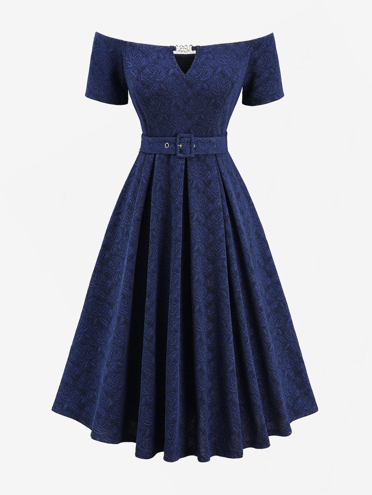 ROSE GAL Women Plus Size Vintage Cocktail Dresses Elegant Off The Shoulder Short Sleeves Keyhole Flower Jacquard Swing Dress - Image 3