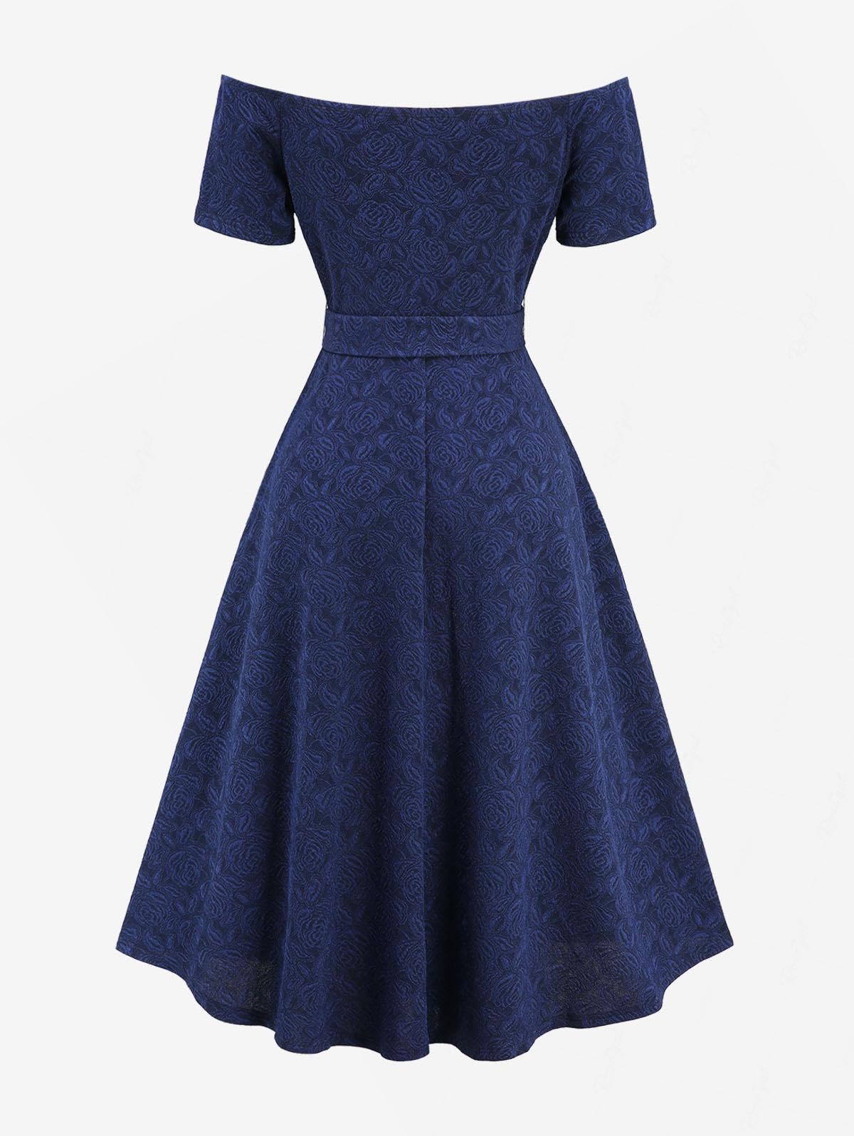 ROSE GAL Women Plus Size Vintage Cocktail Dresses Elegant Off The Shoulder Short Sleeves Keyhole Flower Jacquard Swing Dress - Image 4