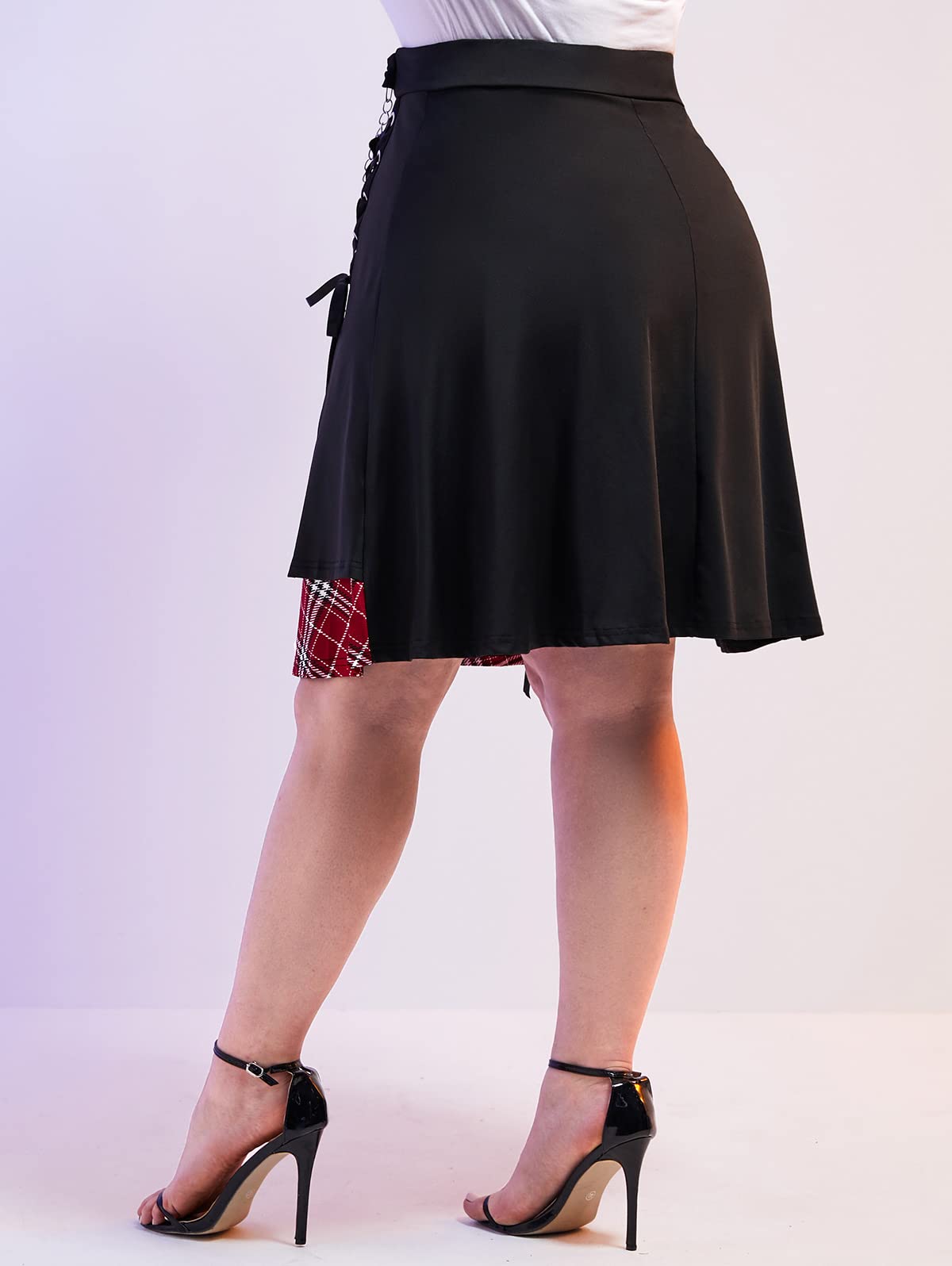 ROSE GAL Women's Plus Size Mini A-Line Gothic Skirt Casual Plain Chain Detail High Waisted Short Stitching Plaid Pleated - Image 3