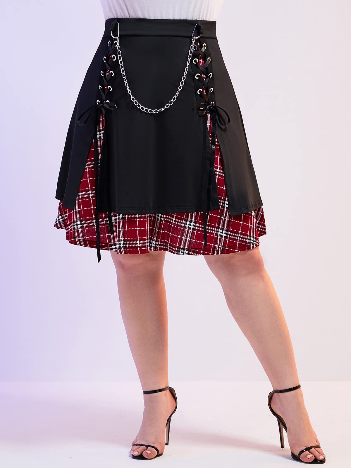 ROSE GAL Women's Plus Size Mini A-Line Gothic Skirt Casual Plain Chain Detail High Waisted Short Stitching Plaid Pleated - Image 4