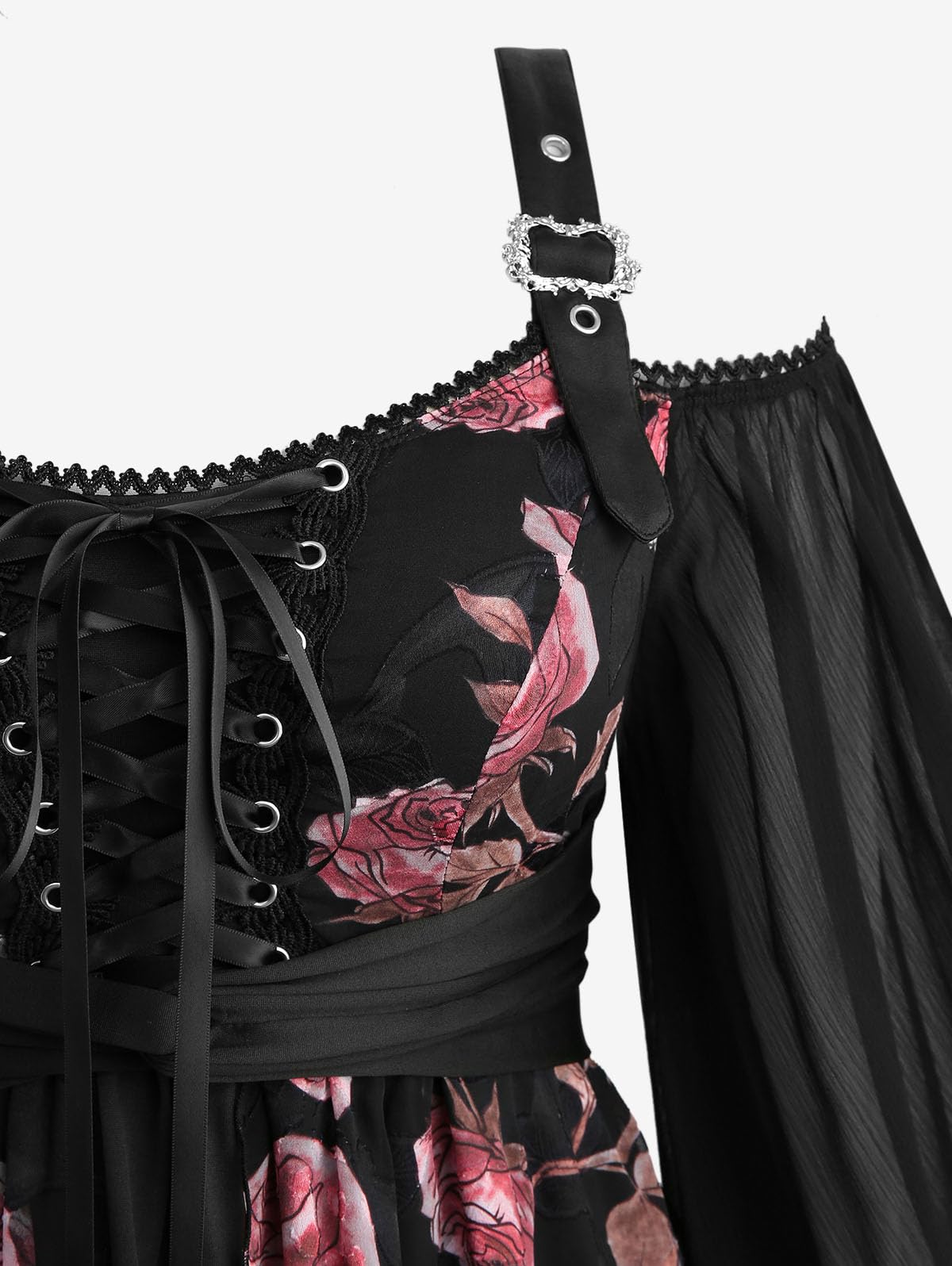 Rosegal Plus Size Women Gothic T-Shirt 2 in 1 Top Cold Shoulder Chiffon Bell Sleeves Rose Flower Print Lace Up Flowy Top - Image 3