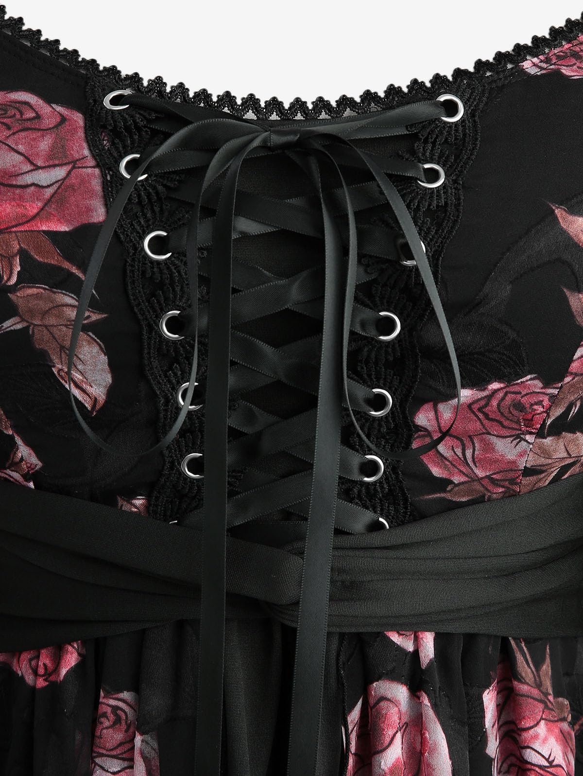 Rosegal Plus Size Women Gothic T-Shirt 2 in 1 Top Cold Shoulder Chiffon Bell Sleeves Rose Flower Print Lace Up Flowy Top - Image 5