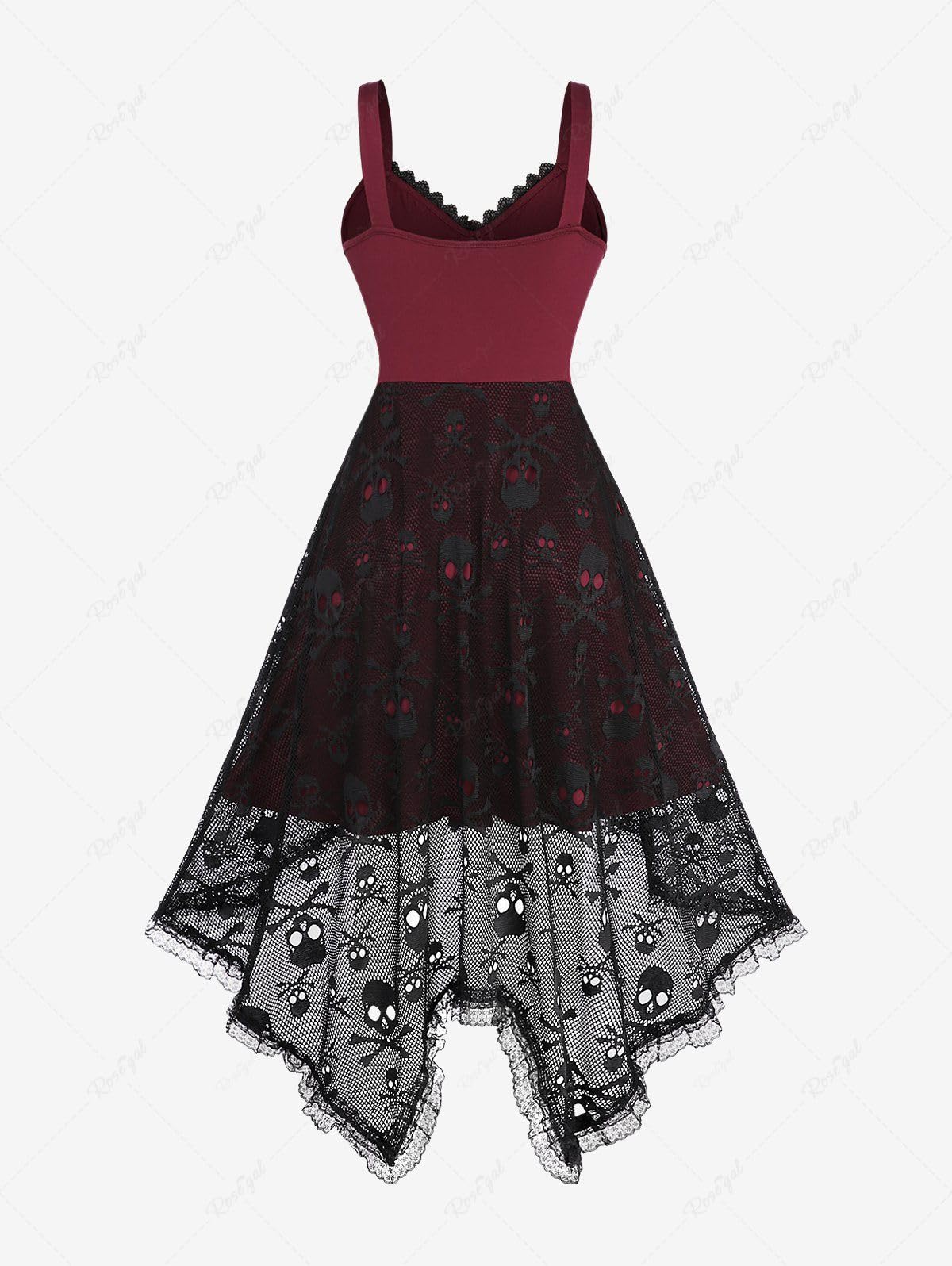 Rosegal Women Plus Size Gothic Lace-up PU Cross Skulls Lace Panel Asymmetrical High Low Midi Dress Rivets Straps Punk Dress - Image 3