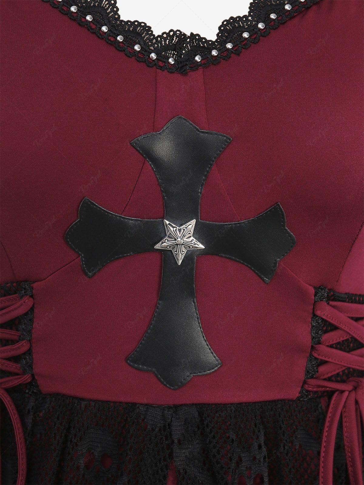 Rosegal Women Plus Size Gothic Lace-up PU Cross Skulls Lace Panel Asymmetrical High Low Midi Dress Rivets Straps Punk Dress - Image 4